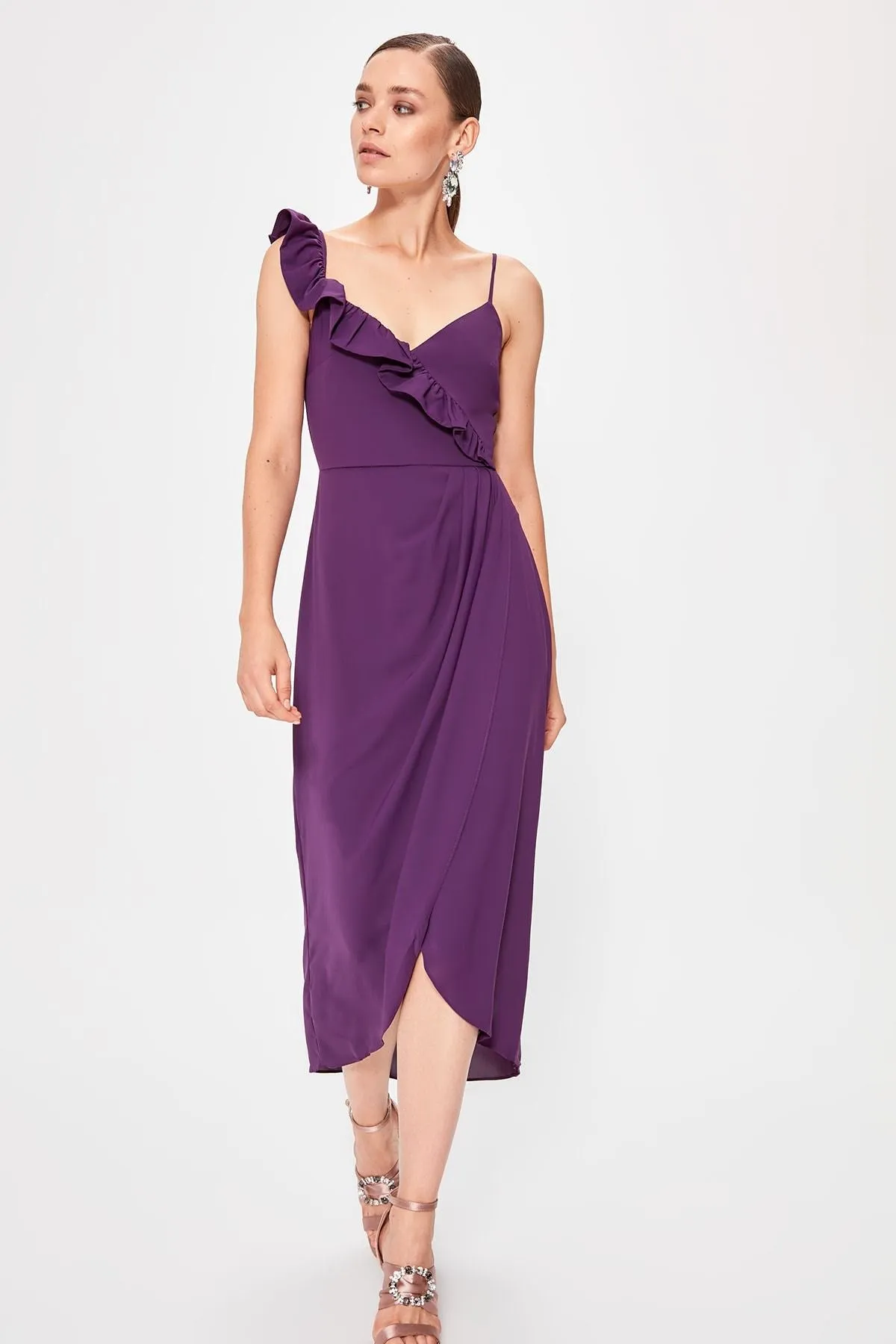 13366 Purple One Shoulder Wrap Dress