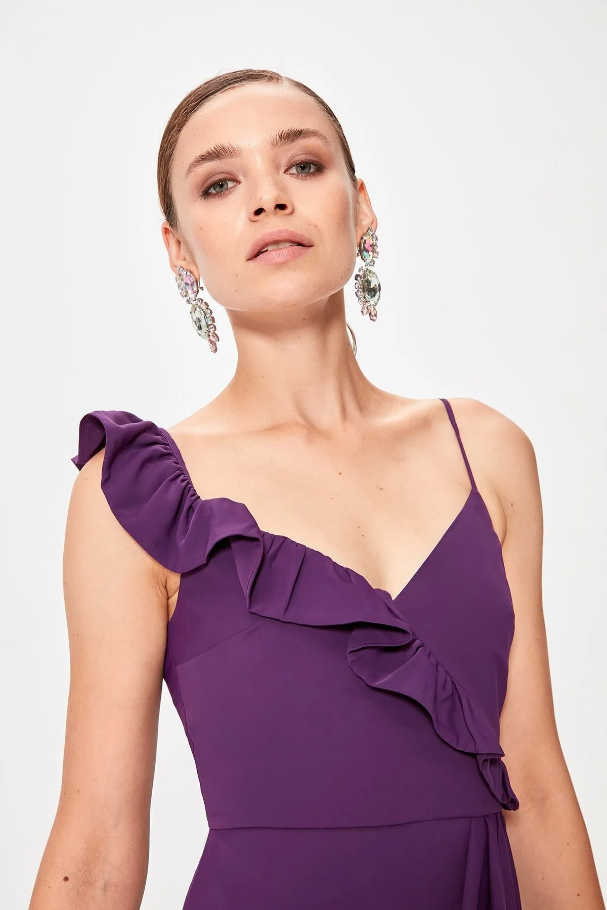 13366 Purple One Shoulder Wrap Dress