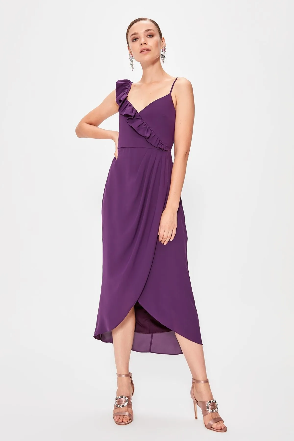 13366 Purple One Shoulder Wrap Dress