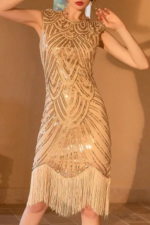 1920s Gatsby Round Neck Fitted Sequin Fringe Flapper Midi Dress - Champagne