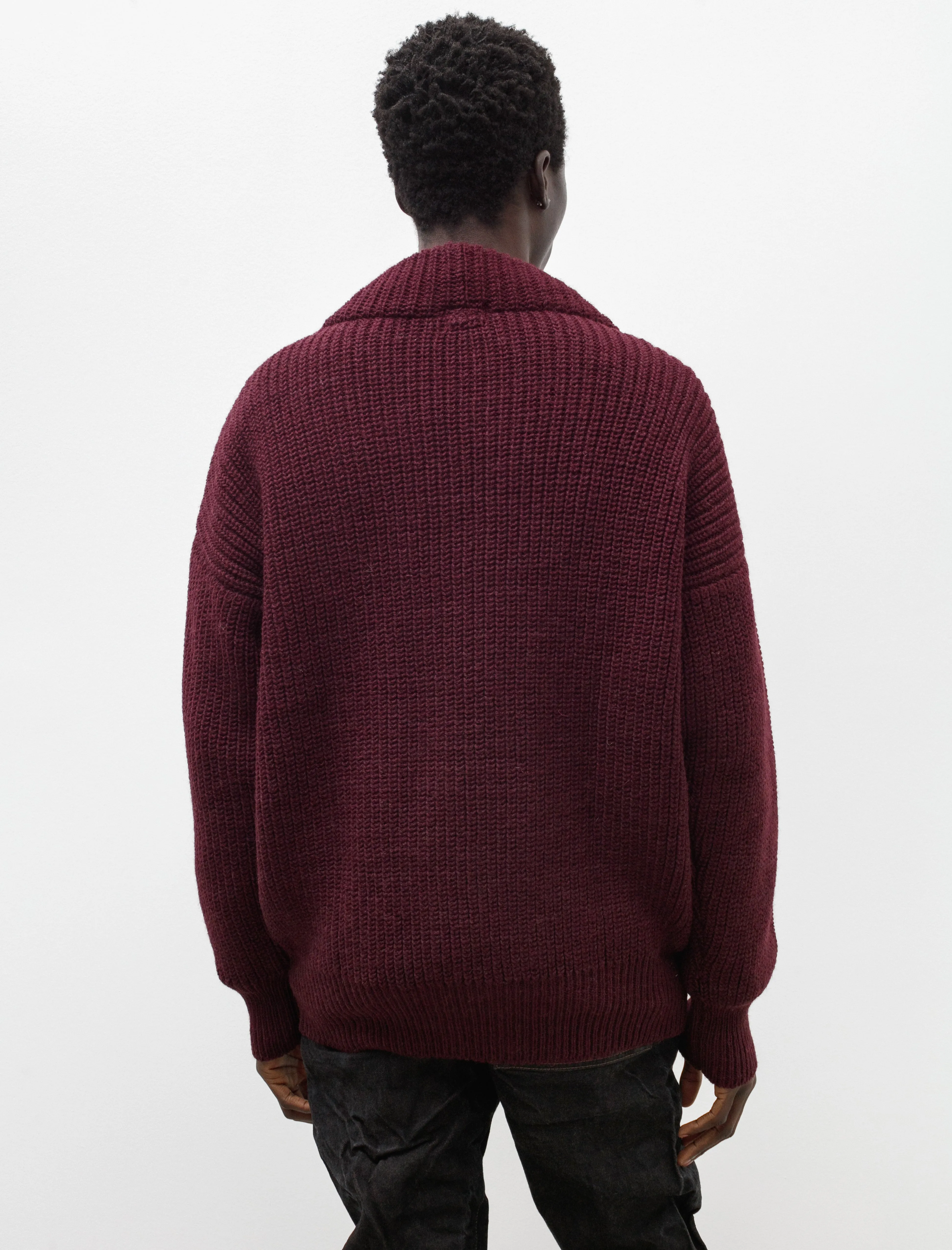 716 Round Rib Cardigan Wool Gansey Prune