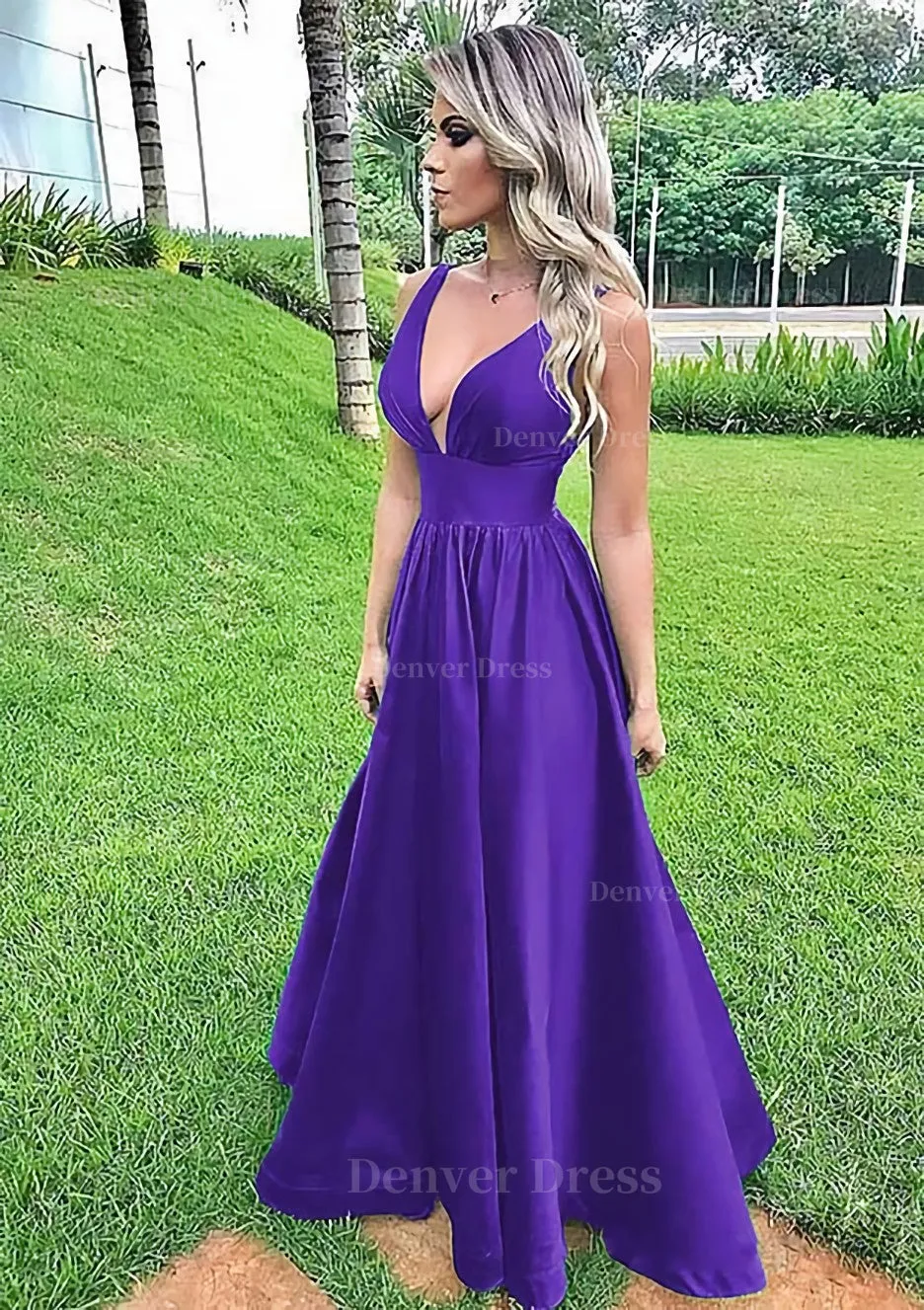 A-line V Neck Sleeveless Long/Floor-Length Satin Prom Dress With Pleated