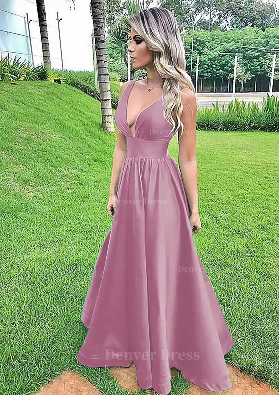 A-line V Neck Sleeveless Long/Floor-Length Satin Prom Dress With Pleated