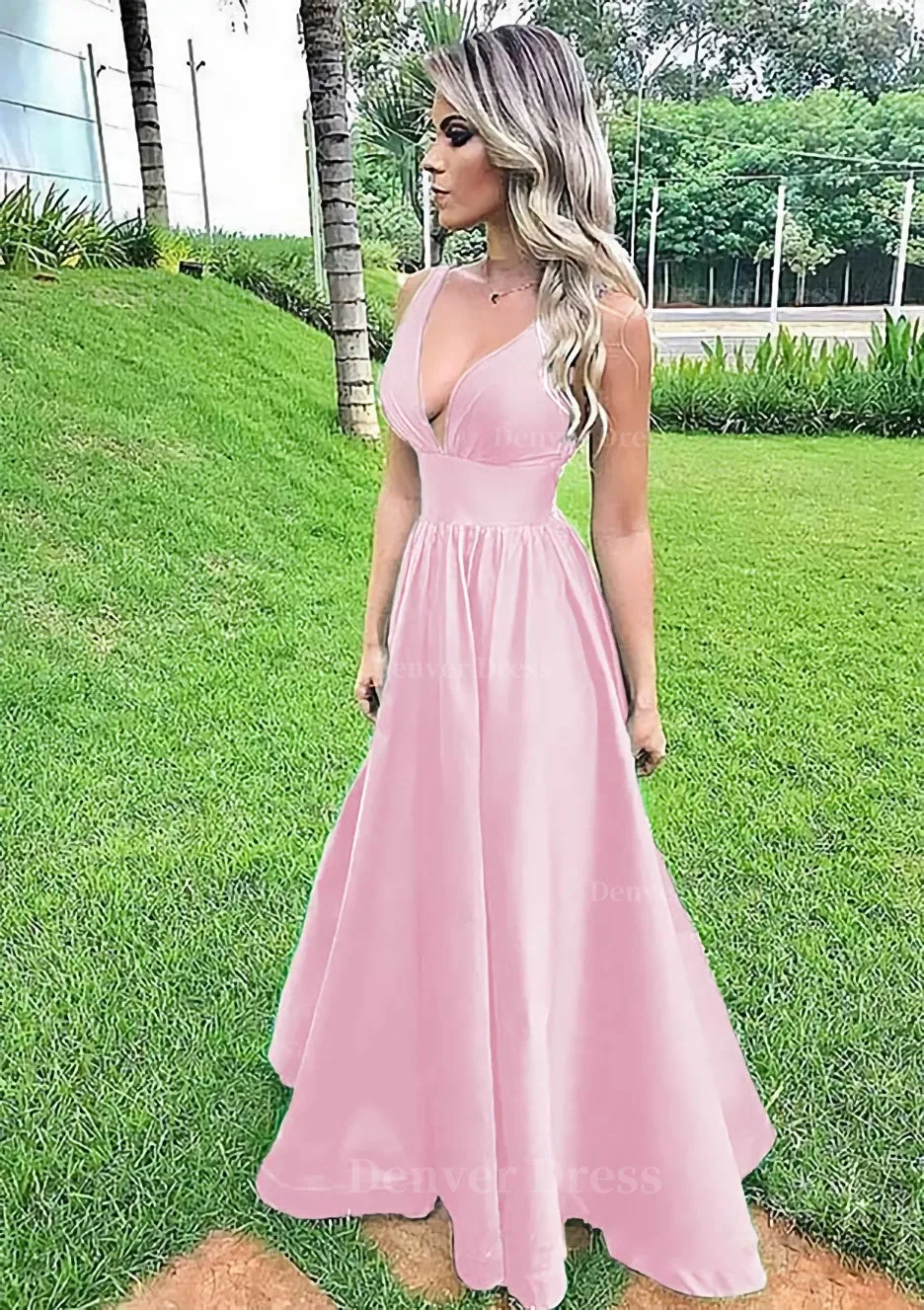 A-line V Neck Sleeveless Long/Floor-Length Satin Prom Dress With Pleated