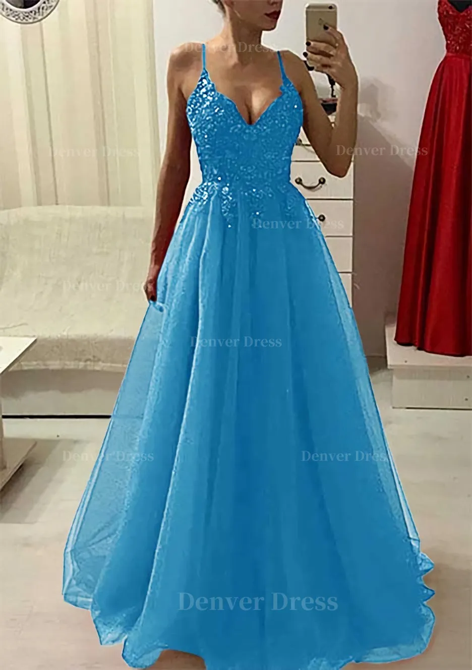 A-line/Princess V Neck Sleeveless Long/Floor-Length Prom Dress With Appliqued Beading