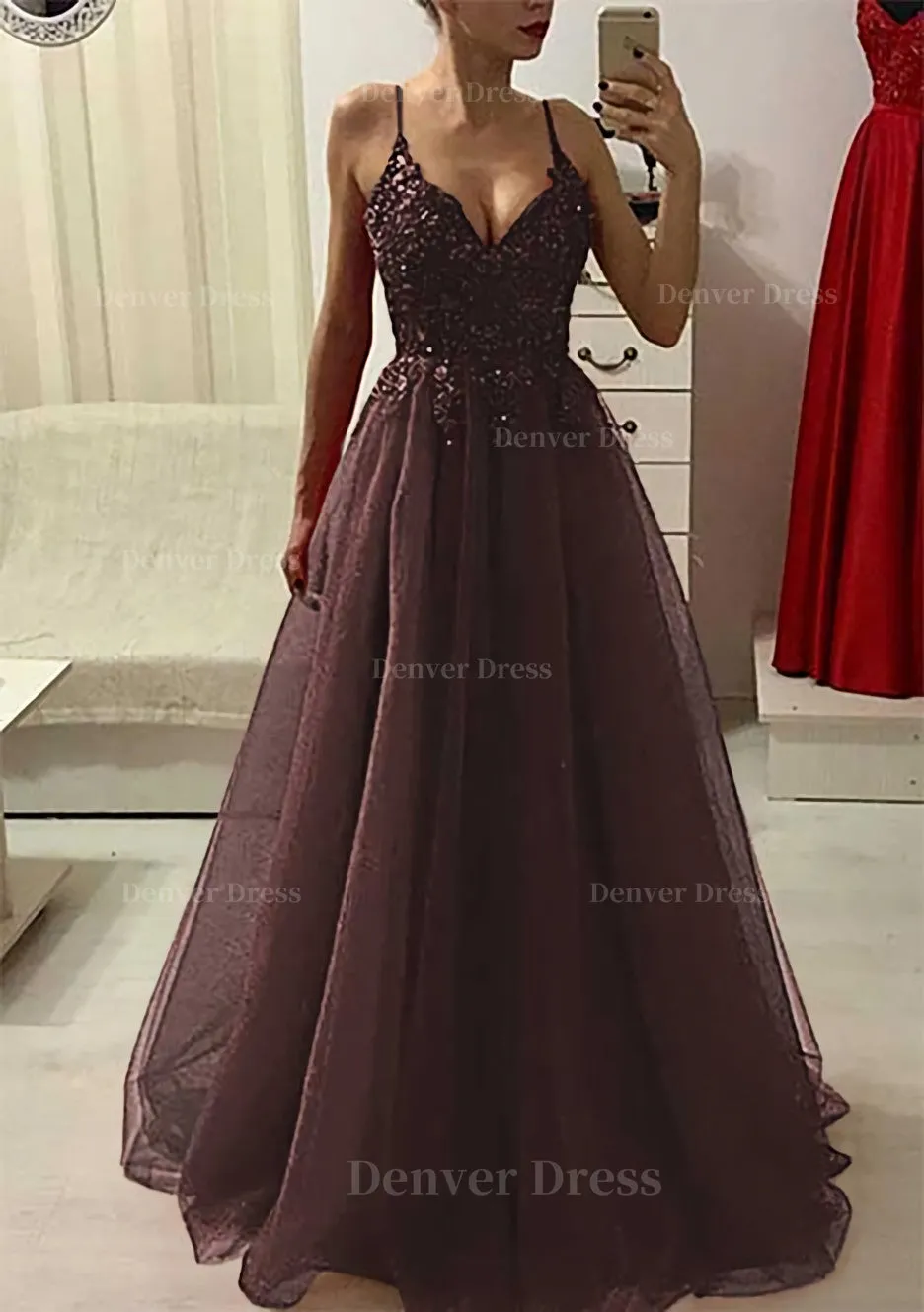 A-line/Princess V Neck Sleeveless Long/Floor-Length Prom Dress With Appliqued Beading