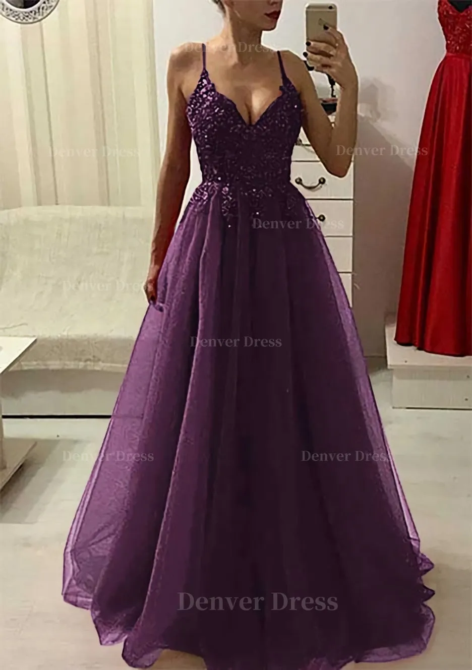 A-line/Princess V Neck Sleeveless Long/Floor-Length Prom Dress With Appliqued Beading