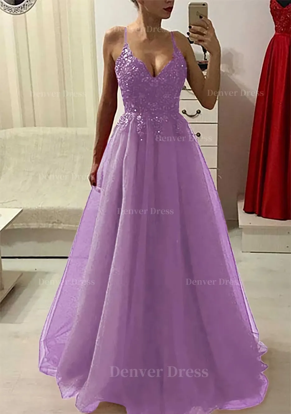 A-line/Princess V Neck Sleeveless Long/Floor-Length Prom Dress With Appliqued Beading