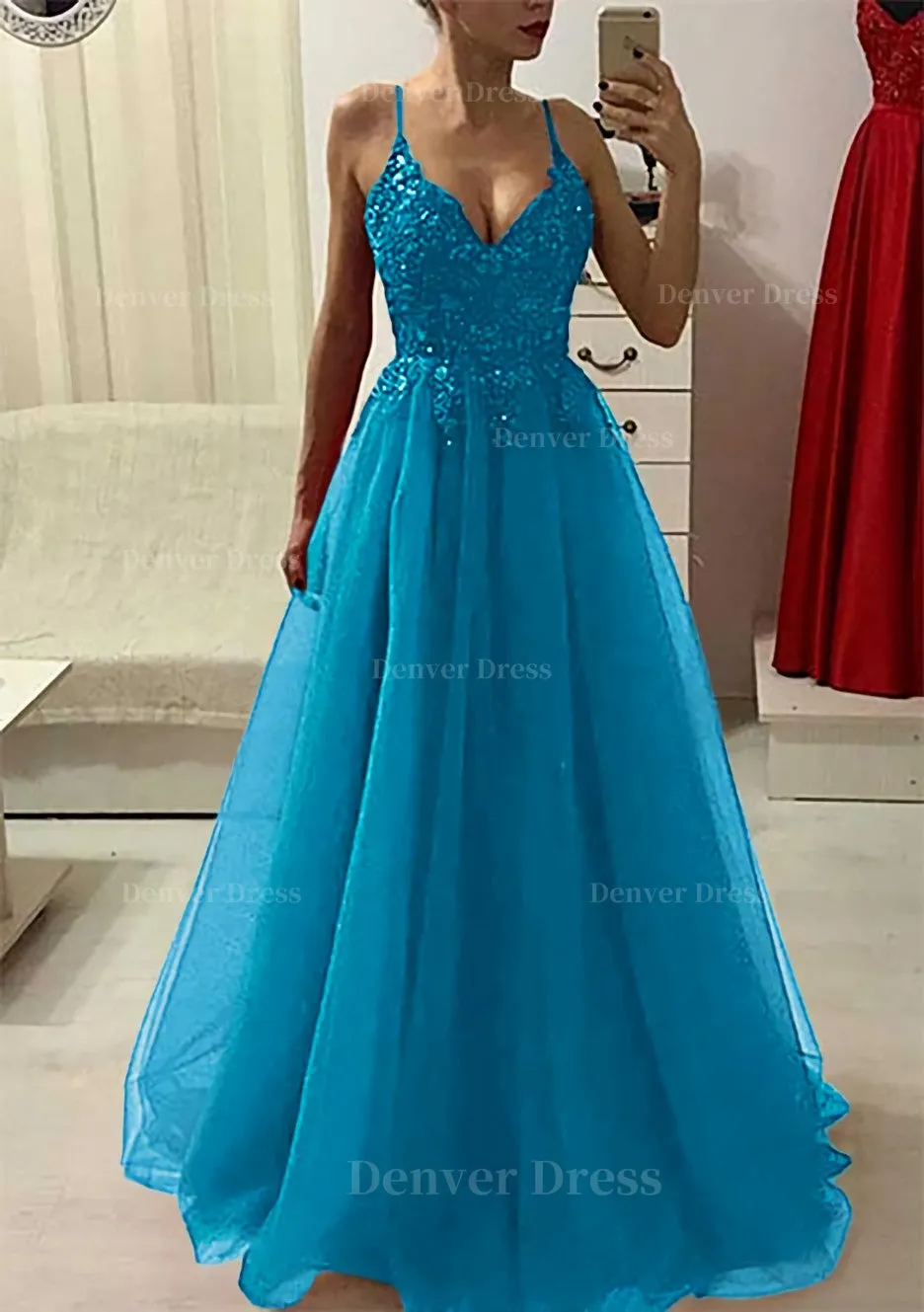 A-line/Princess V Neck Sleeveless Long/Floor-Length Prom Dress With Appliqued Beading