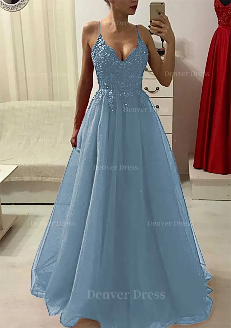 A-line/Princess V Neck Sleeveless Long/Floor-Length Prom Dress With Appliqued Beading