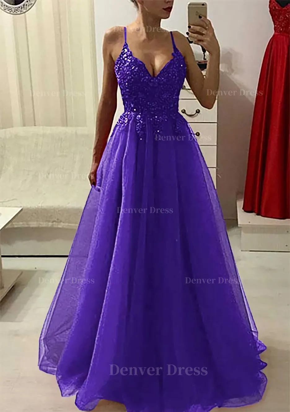 A-line/Princess V Neck Sleeveless Long/Floor-Length Prom Dress With Appliqued Beading