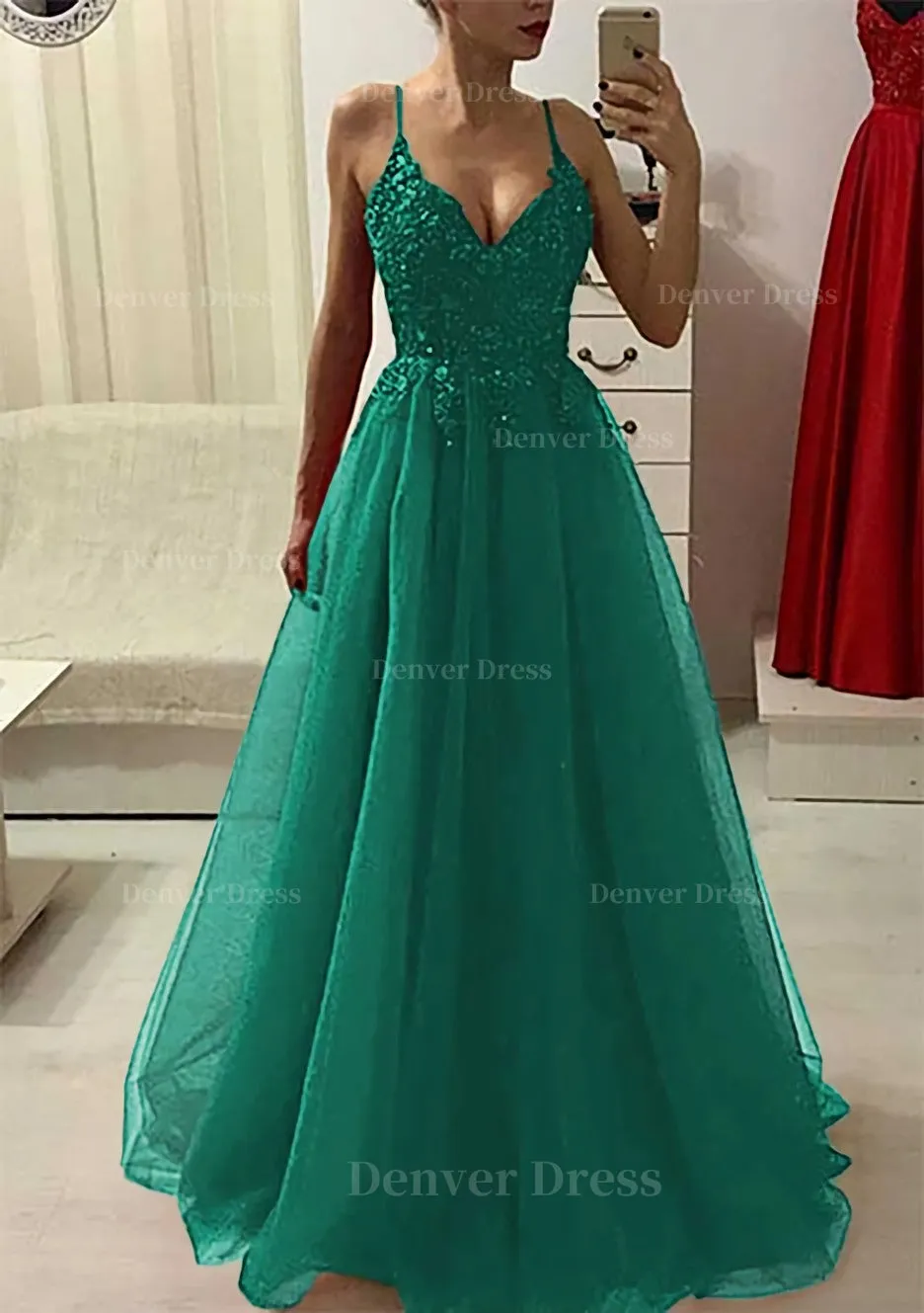 A-line/Princess V Neck Sleeveless Long/Floor-Length Prom Dress With Appliqued Beading