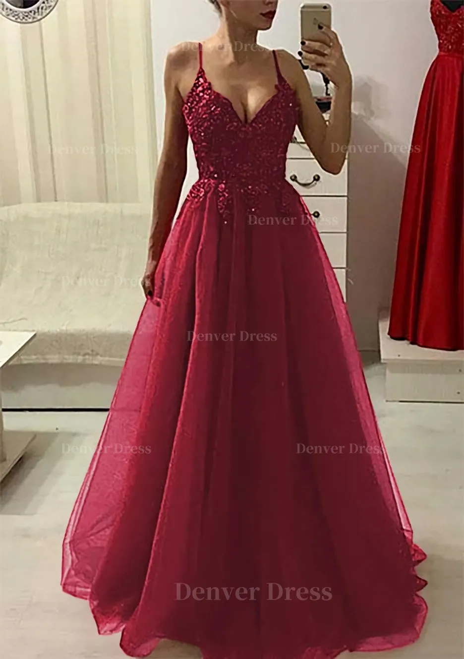 A-line/Princess V Neck Sleeveless Long/Floor-Length Prom Dress With Appliqued Beading