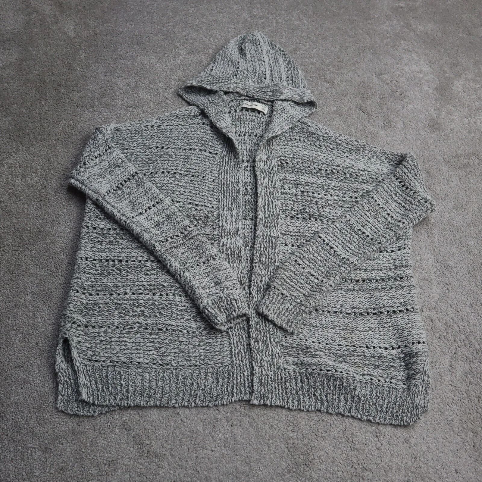 Abercrombie Fitch Women Cardigan Hooded Sweater Knitted Open Front Gray SZ L/14