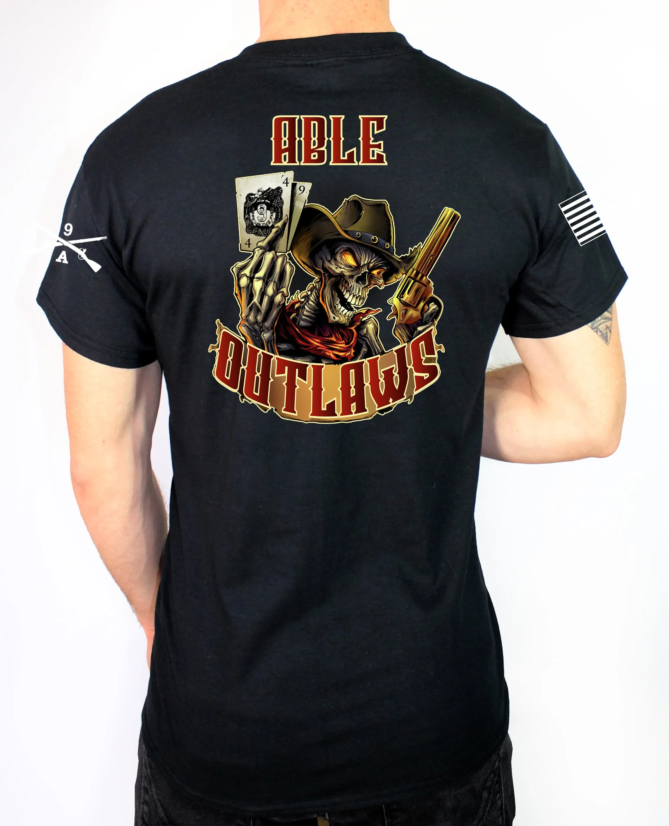 Able Outlaws 50-50 Blend Black Unisex PT Short Sleeve Shirt. Approved for PT