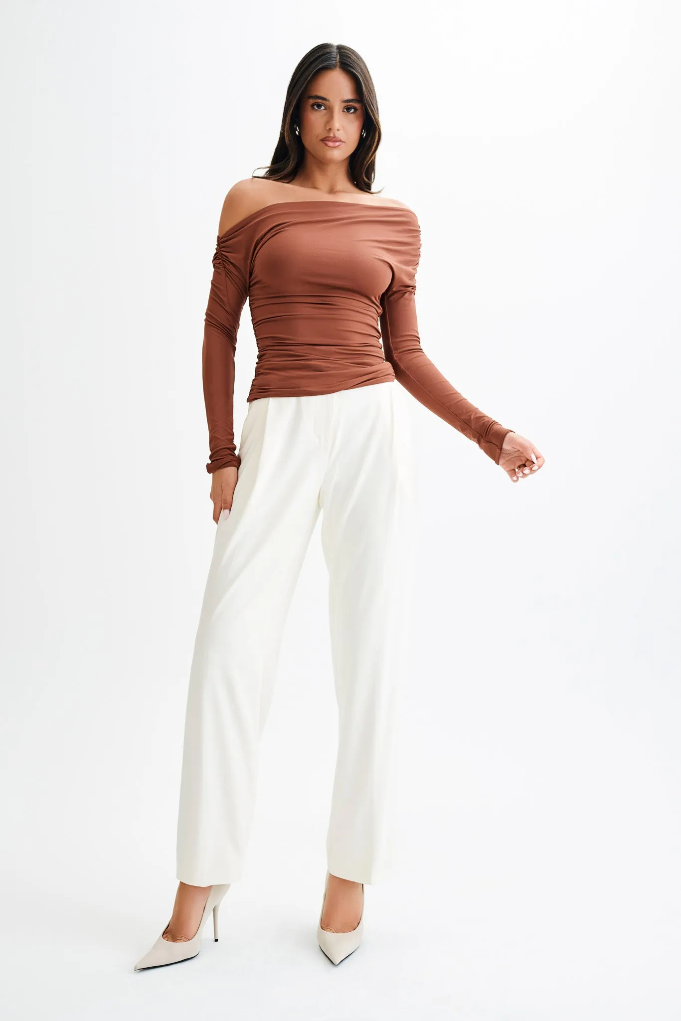 Alayna Long Sleeve Recycled Nylon Ruched Top - Wood