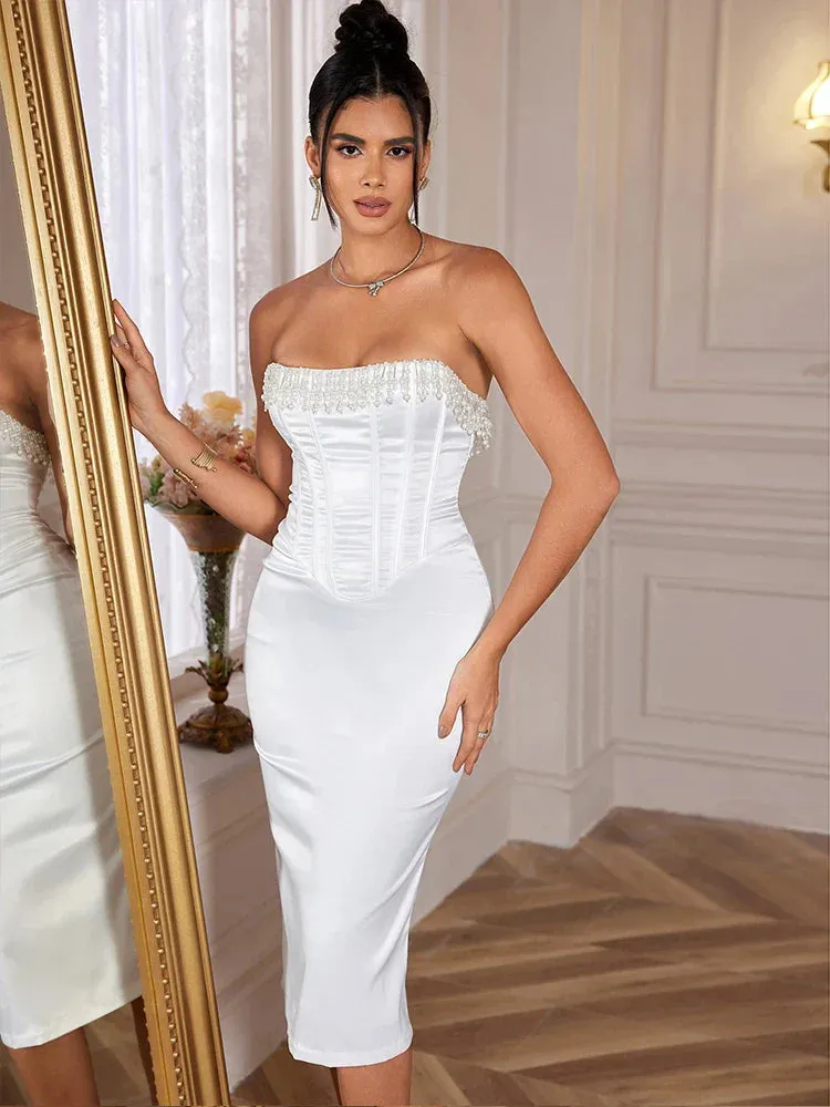 Amozae 2024 White Beading Satin Dress Women Elegant Luxury Bodycon Party Dresses Sexy Long Tight Fitting Evening Dress