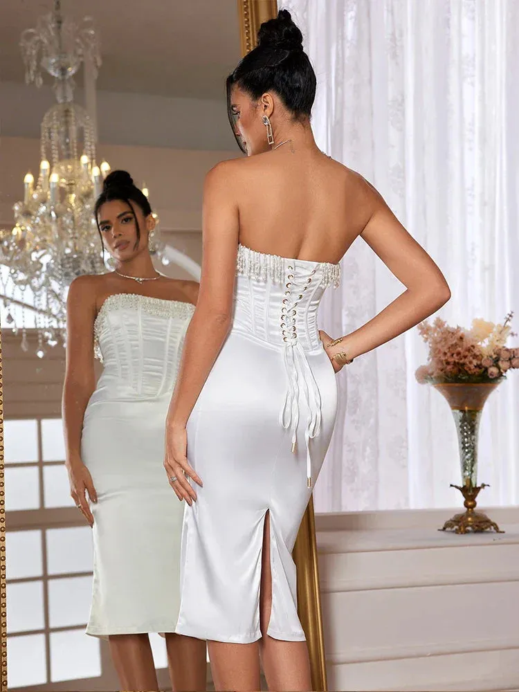 Amozae 2024 White Beading Satin Dress Women Elegant Luxury Bodycon Party Dresses Sexy Long Tight Fitting Evening Dress