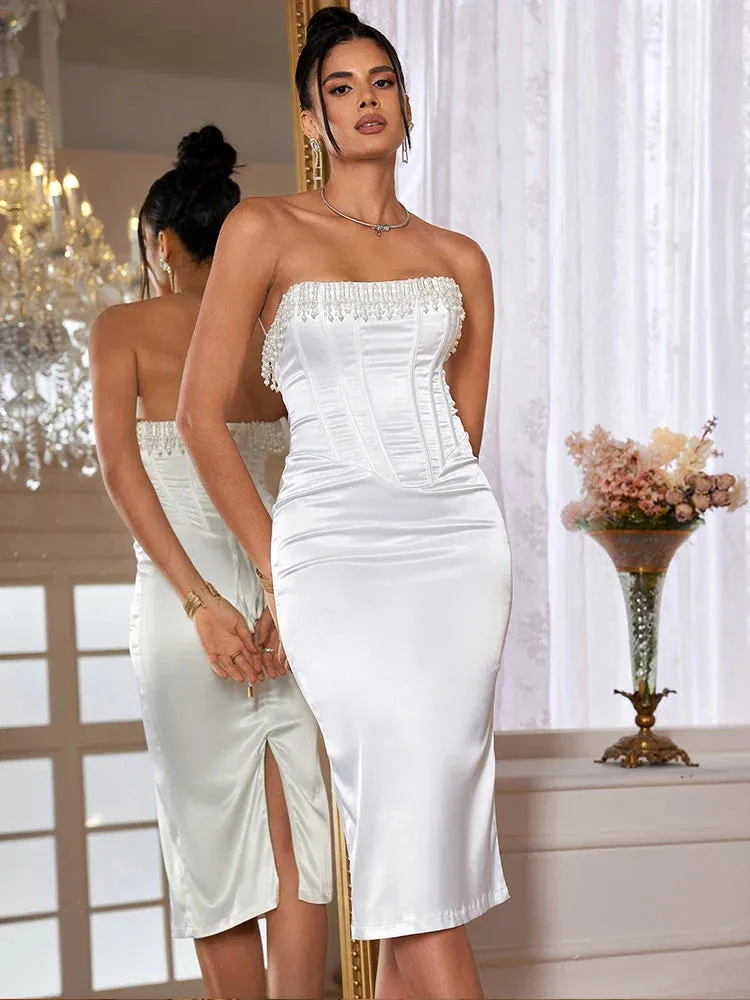 Amozae 2024 White Beading Satin Dress Women Elegant Luxury Bodycon Party Dresses Sexy Long Tight Fitting Evening Dress