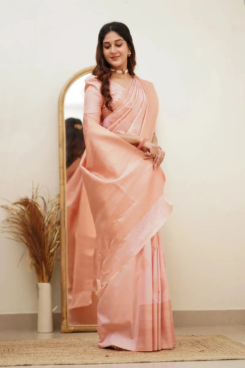 Angelic Baby Pink Soft Silk Saree With Assemblage Blouse Piece