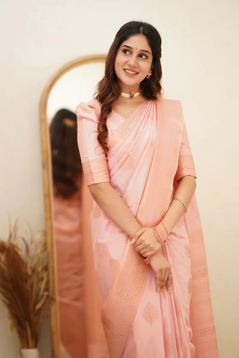 Angelic Baby Pink Soft Silk Saree With Assemblage Blouse Piece