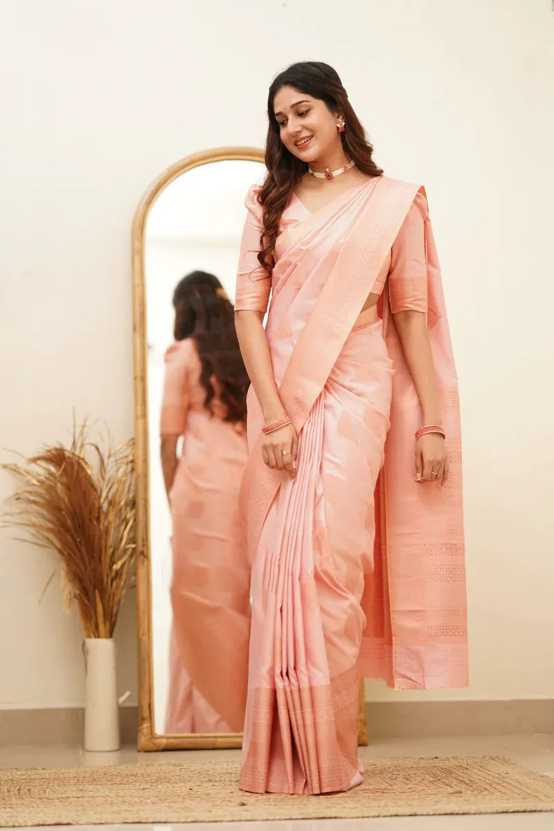 Angelic Baby Pink Soft Silk Saree With Assemblage Blouse Piece