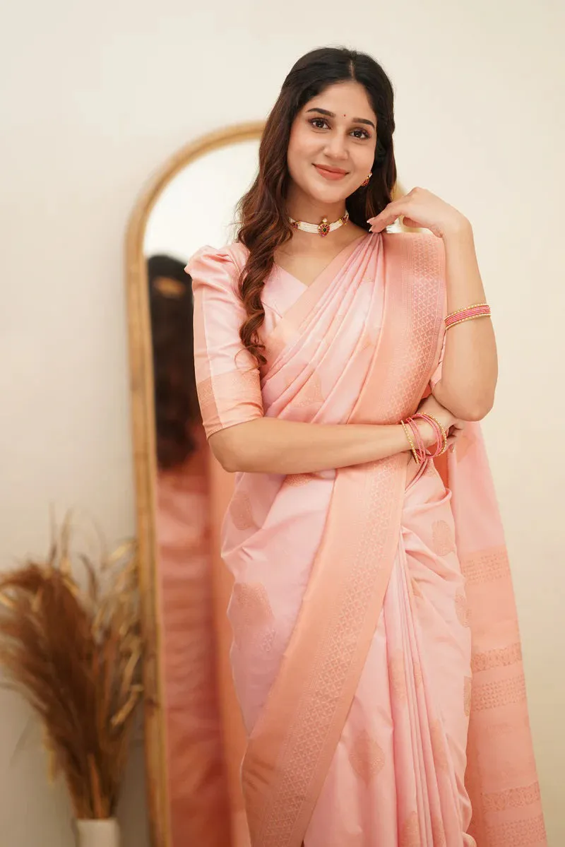 Angelic Baby Pink Soft Silk Saree With Assemblage Blouse Piece