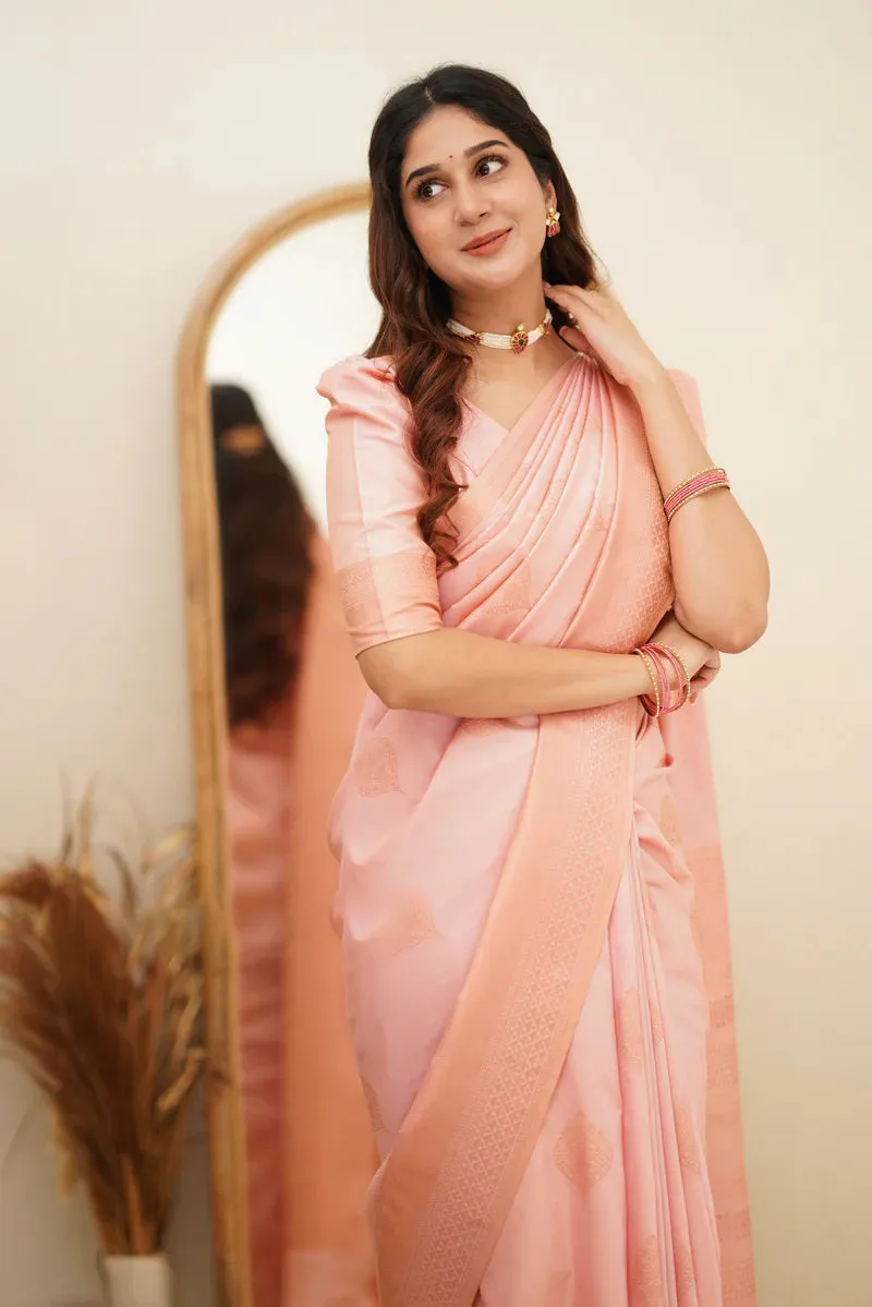 Angelic Baby Pink Soft Silk Saree With Assemblage Blouse Piece