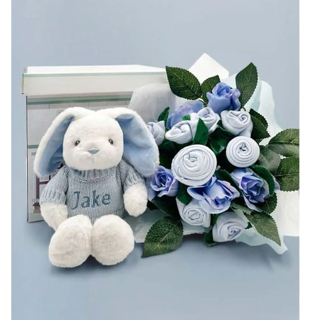 Babyblooms Hand Tied Baby Clothes Bouquet and Personalized Bunny