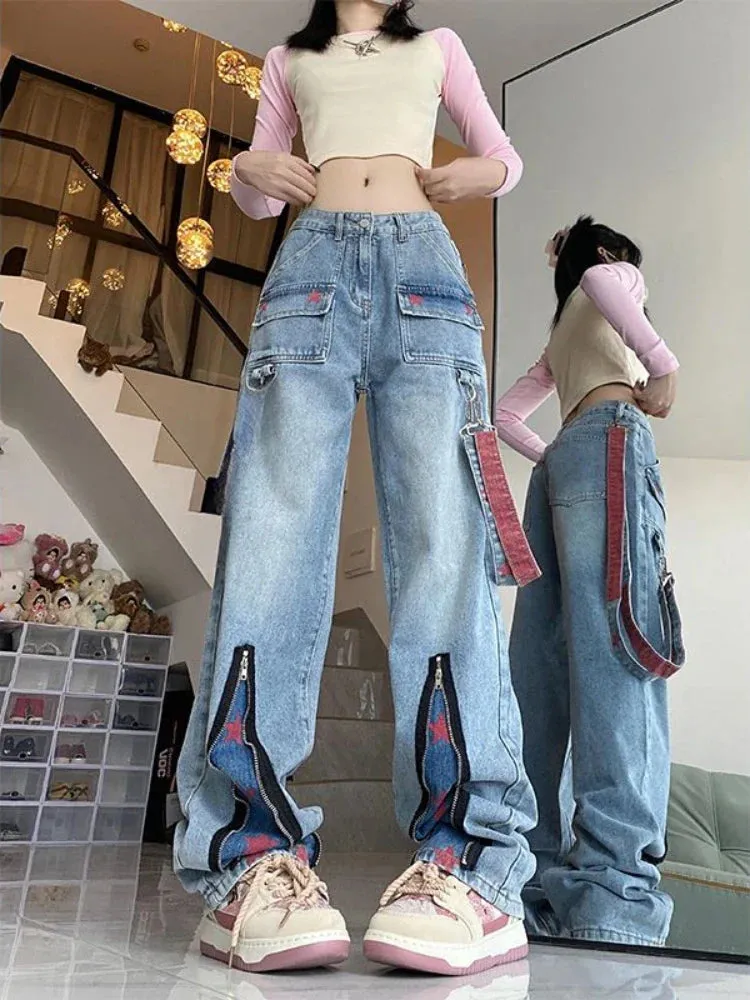 Baggy Jeans Oversize Zipper Star Contrast Wide Leg Denim Pants