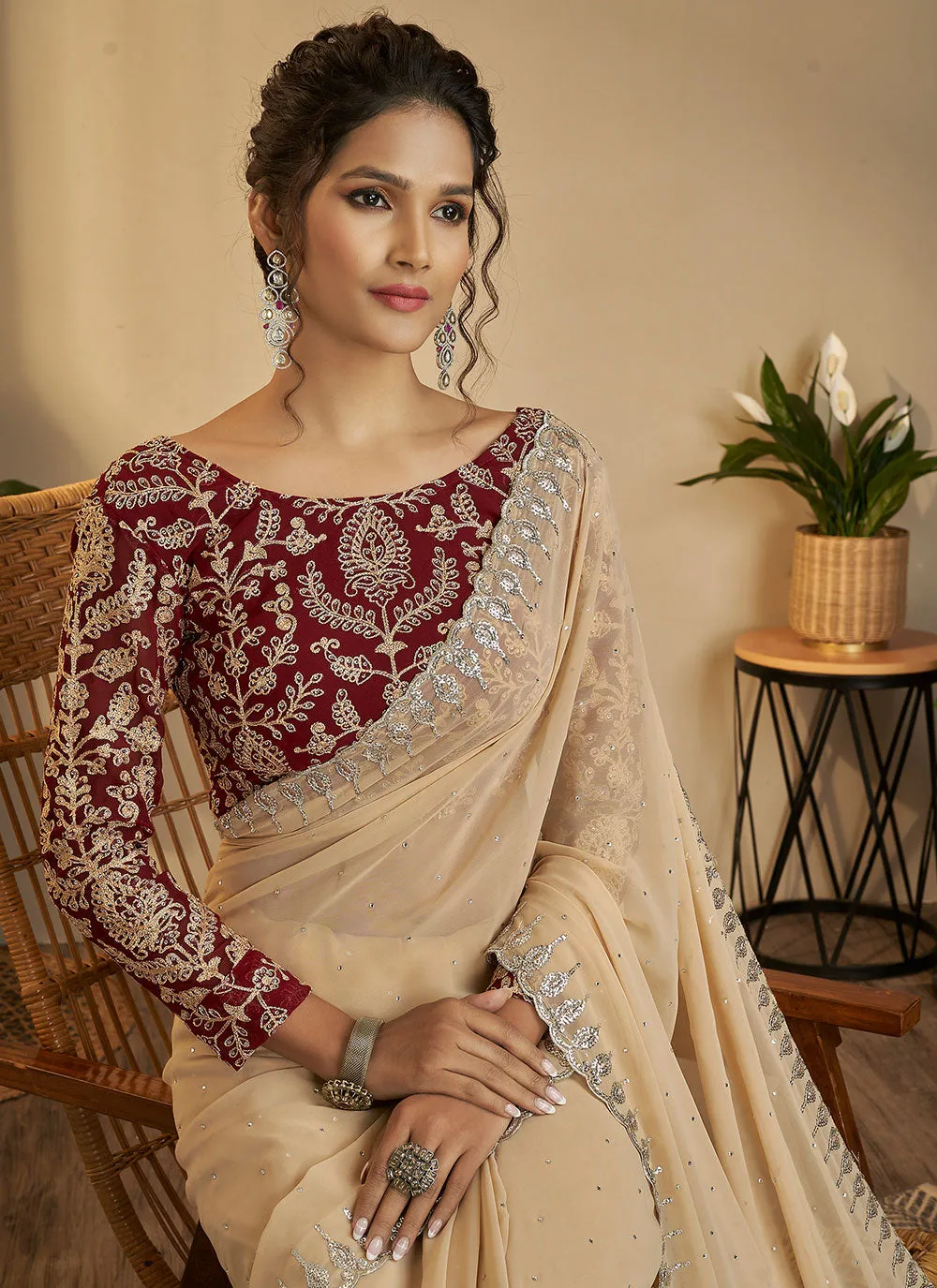 Beige Georgette Designer Saree