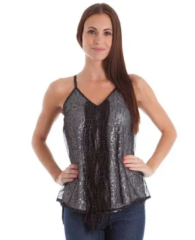 Black and Silver Long Fringe Hanging Front V-Neck Racer Back Sequined Top