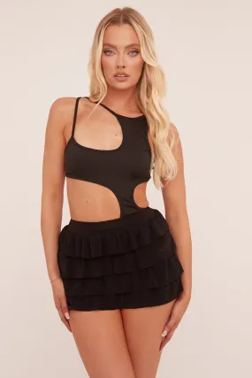 Black Cut Out Front Shoulder Straps Bodysuit - Ashely