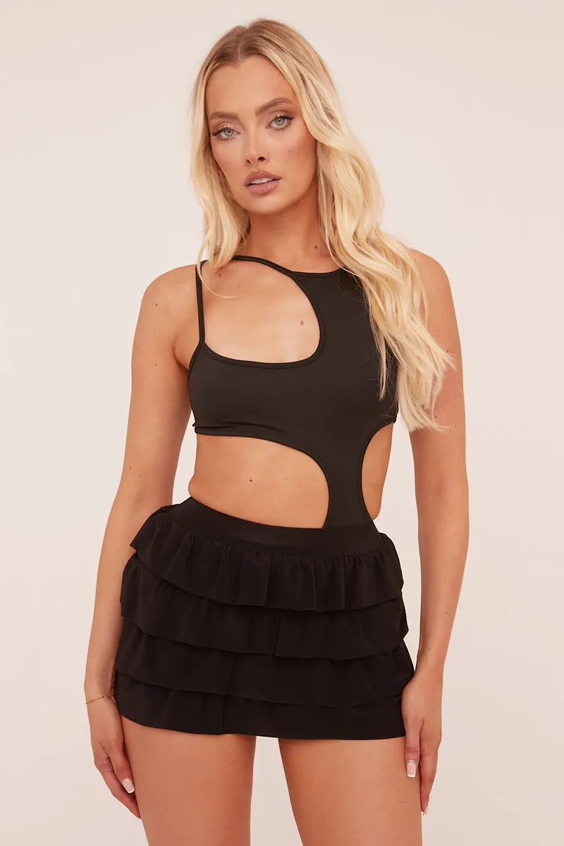 Black Cut Out Front Shoulder Straps Bodysuit - Ashely