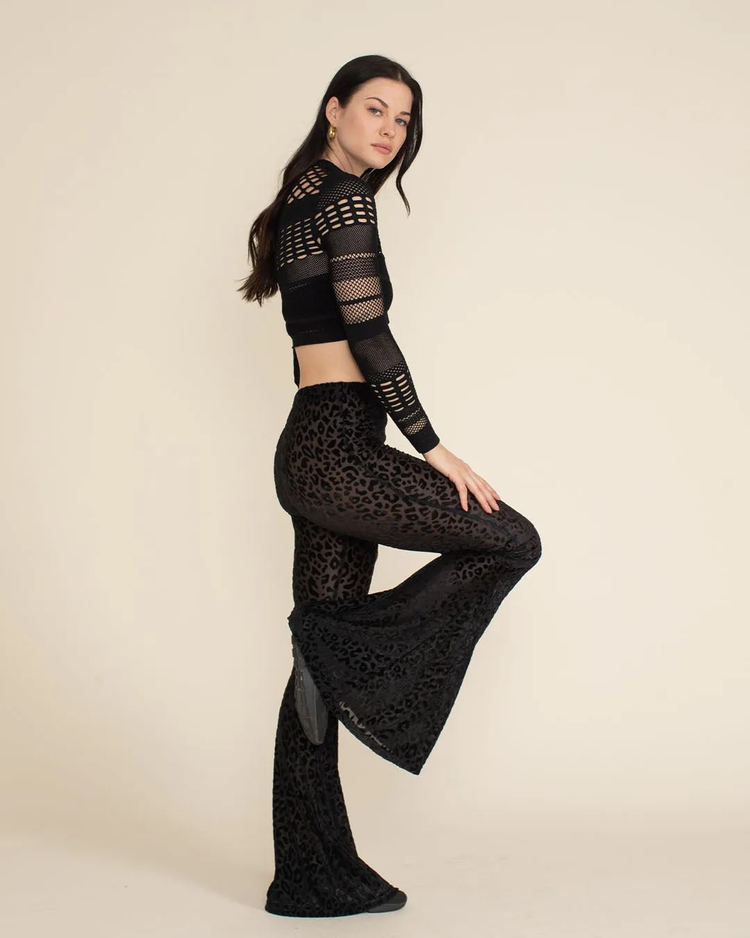 Black Leopard Burnout Velvet Flare Pants | Women's