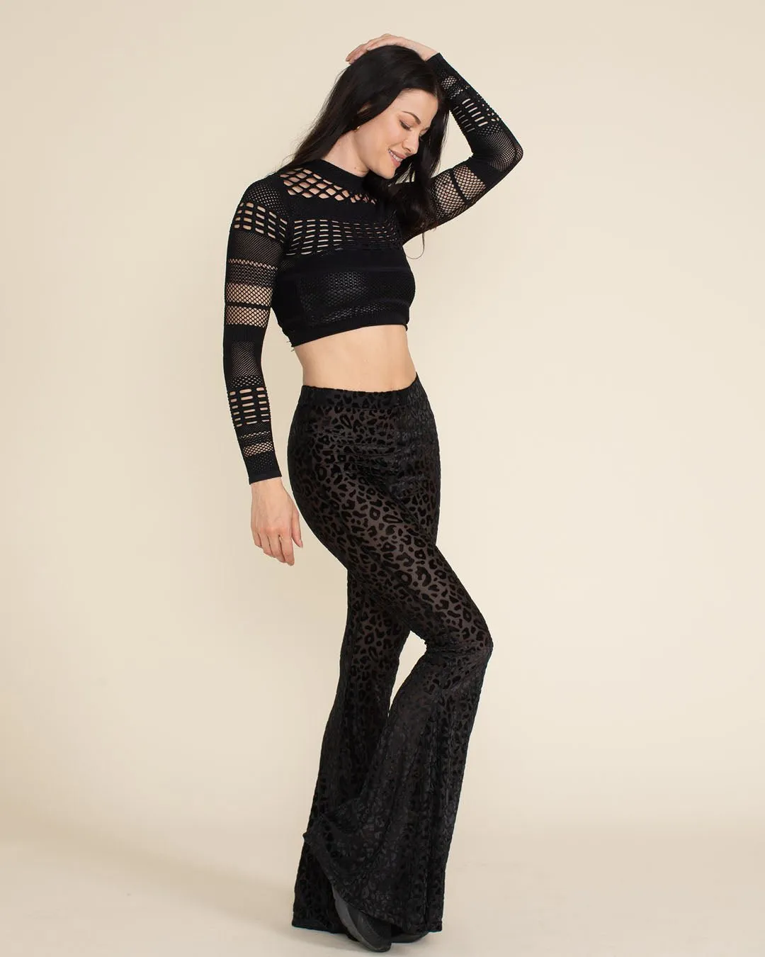 Black Leopard Burnout Velvet Flare Pants | Women's