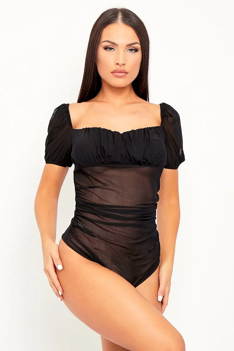 Black Mesh Cap Sleeve Bodysuit - Aadvi