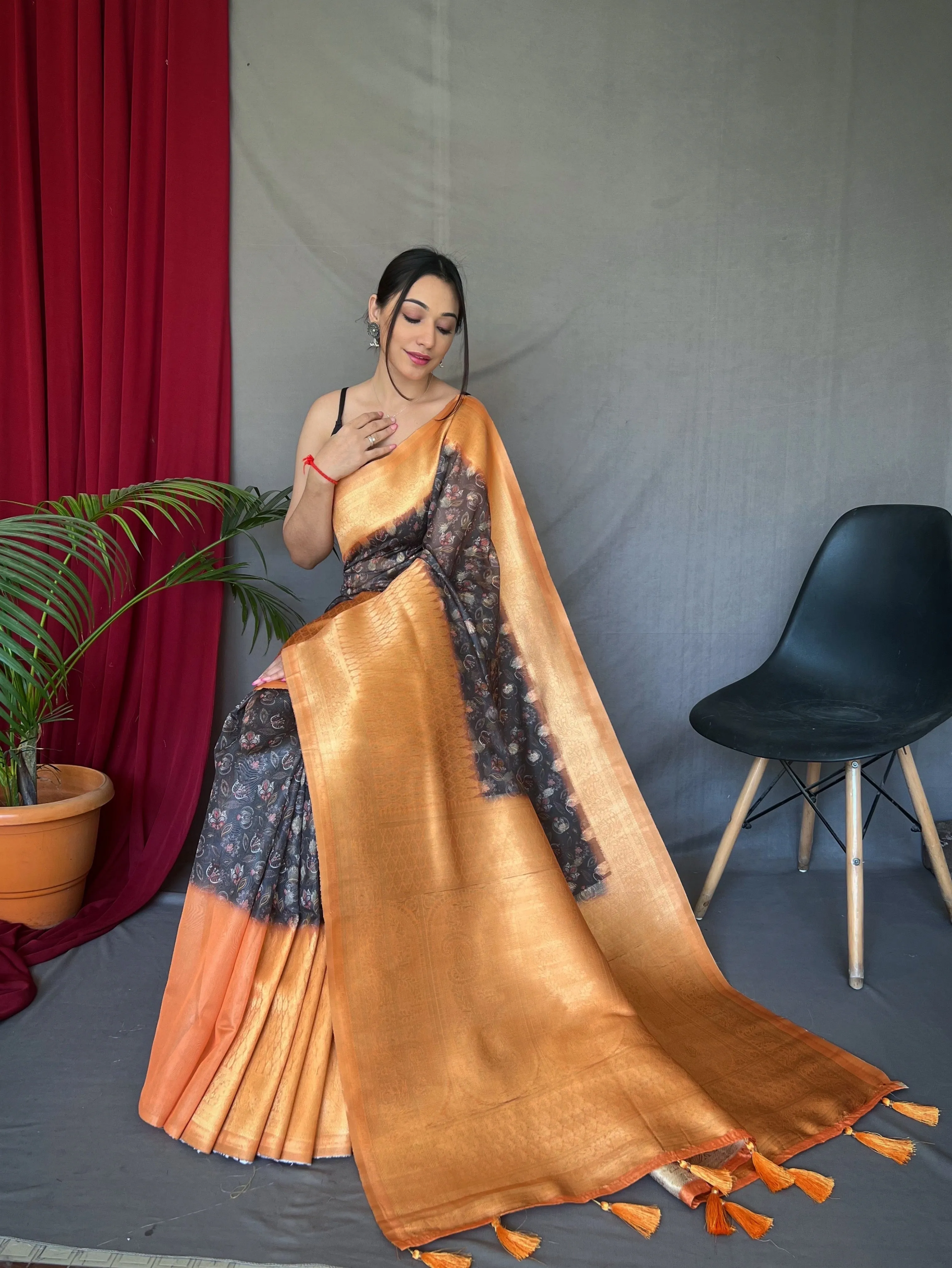 Black Peach Saree in Kora Muslin Kalamkari Silk