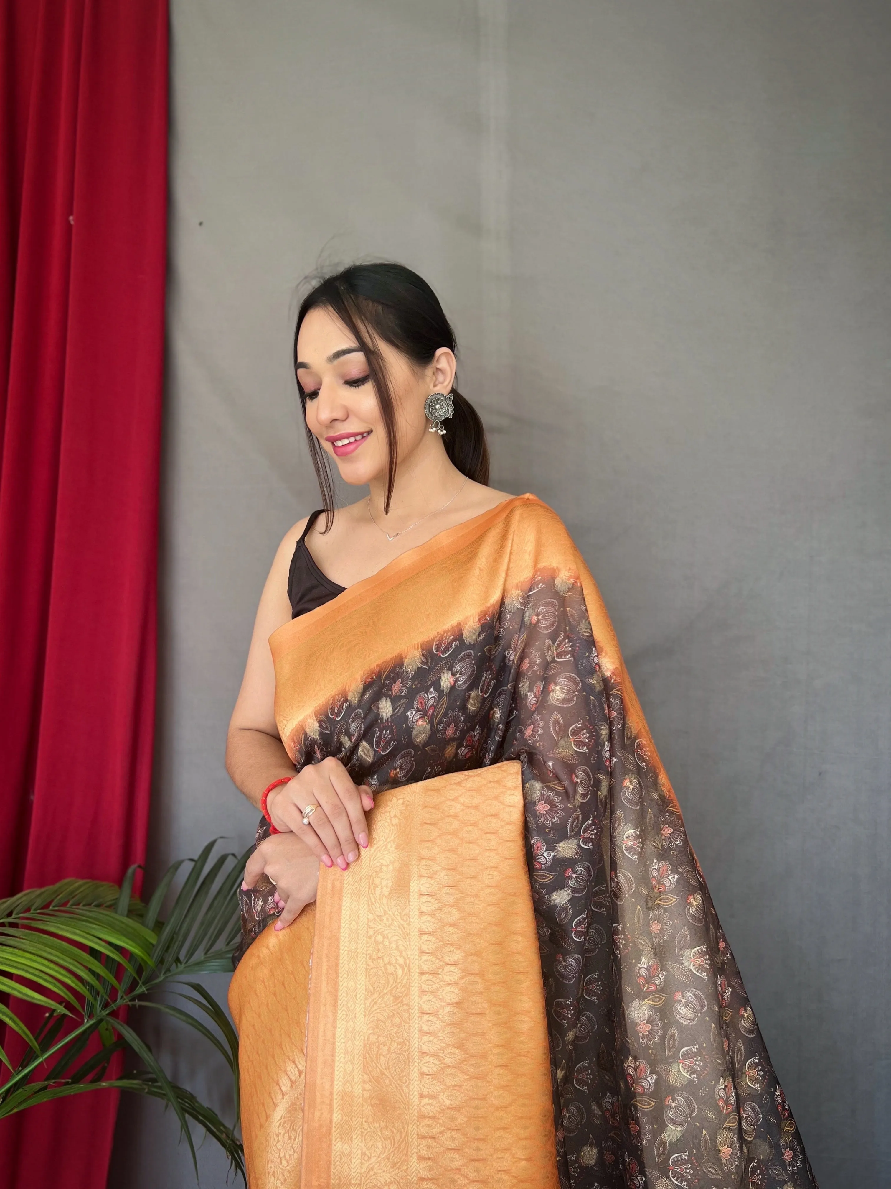 Black Peach Saree in Kora Muslin Kalamkari Silk