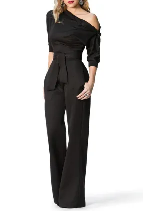 Black Slanted One Shoulder Wide Leg Formal Jumpsuit