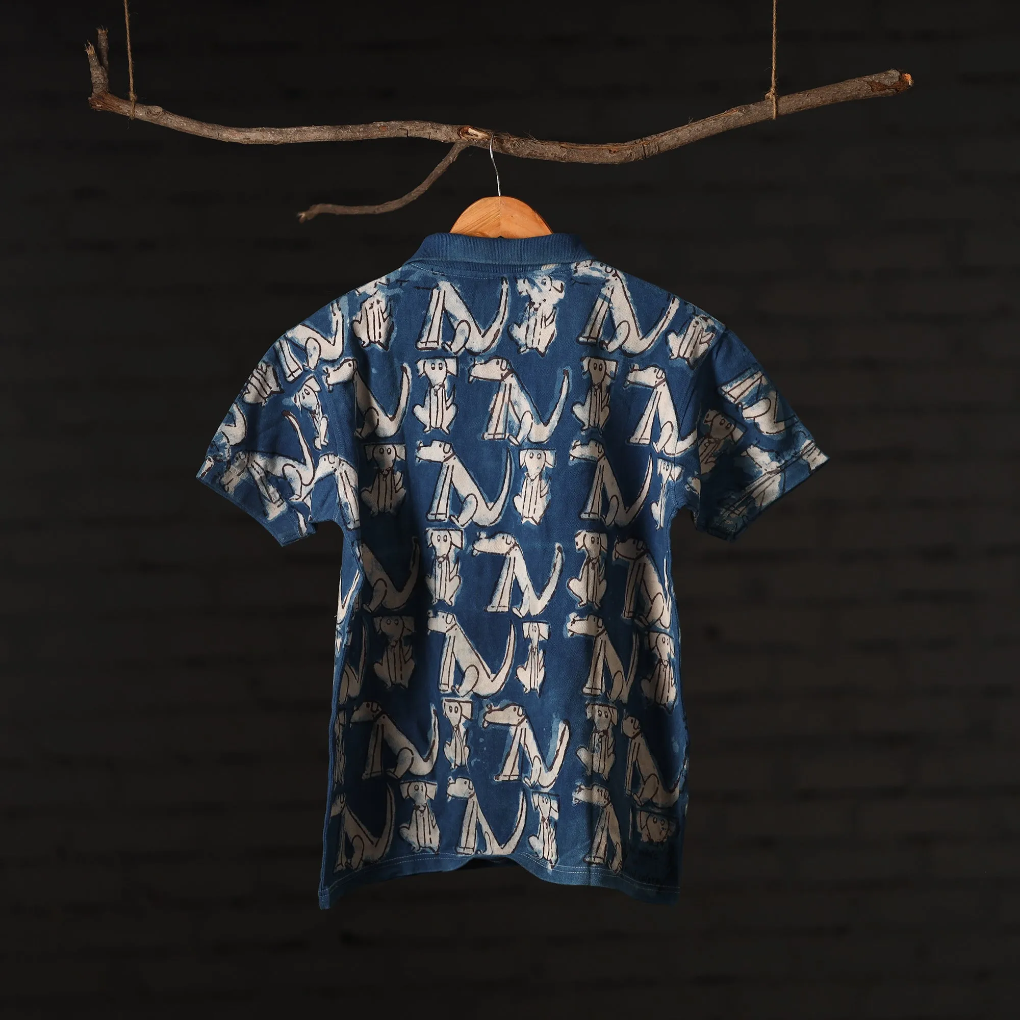 Blue - Bindaas Natural Dyed Art Block Print Polo Collar T-shirt in Pure Cotton