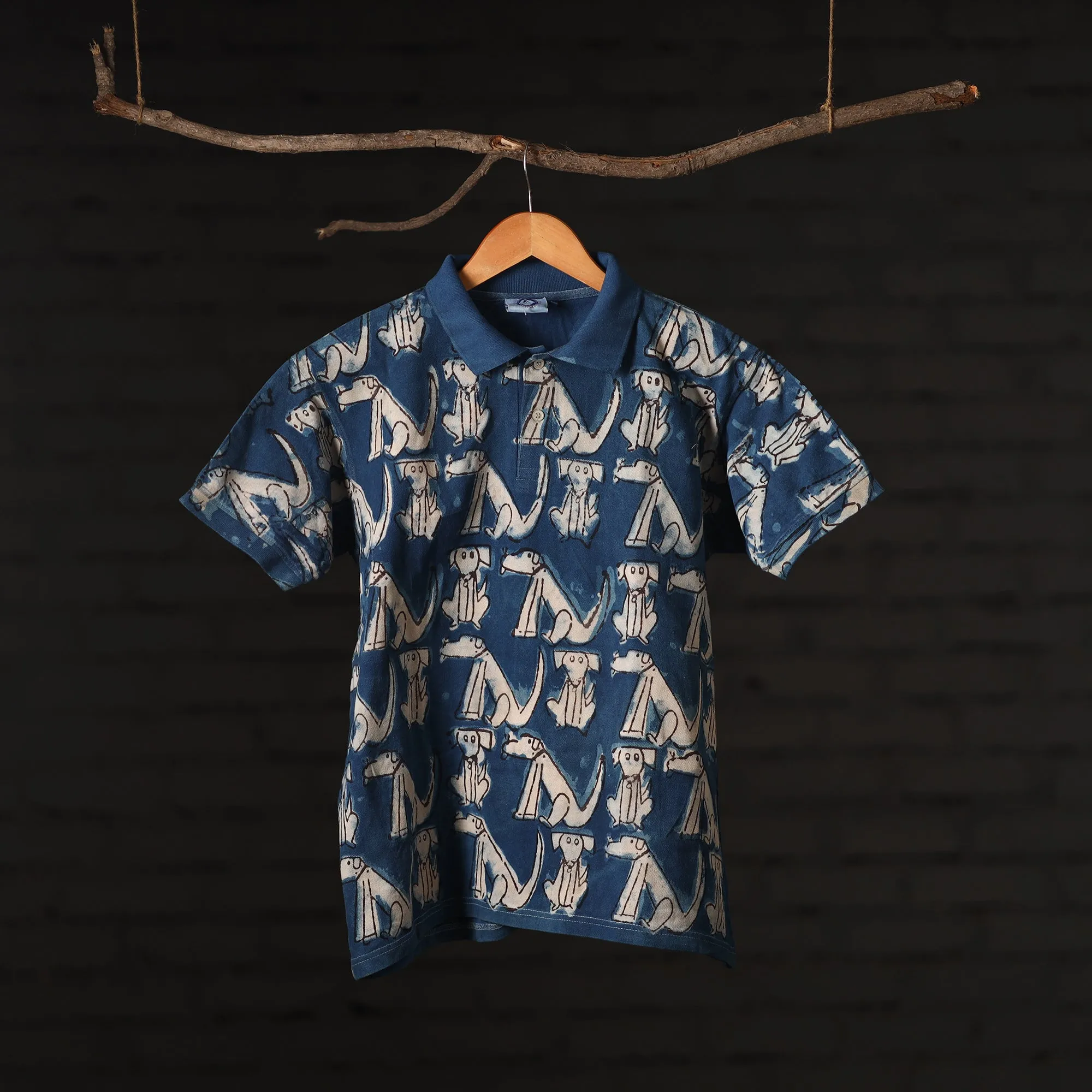 Blue - Bindaas Natural Dyed Art Block Print Polo Collar T-shirt in Pure Cotton