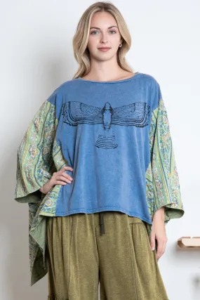 BlueVelvet Bird Print Top with Mixed Print Sewn Poncho Sleeves in Dusty Teal Blue