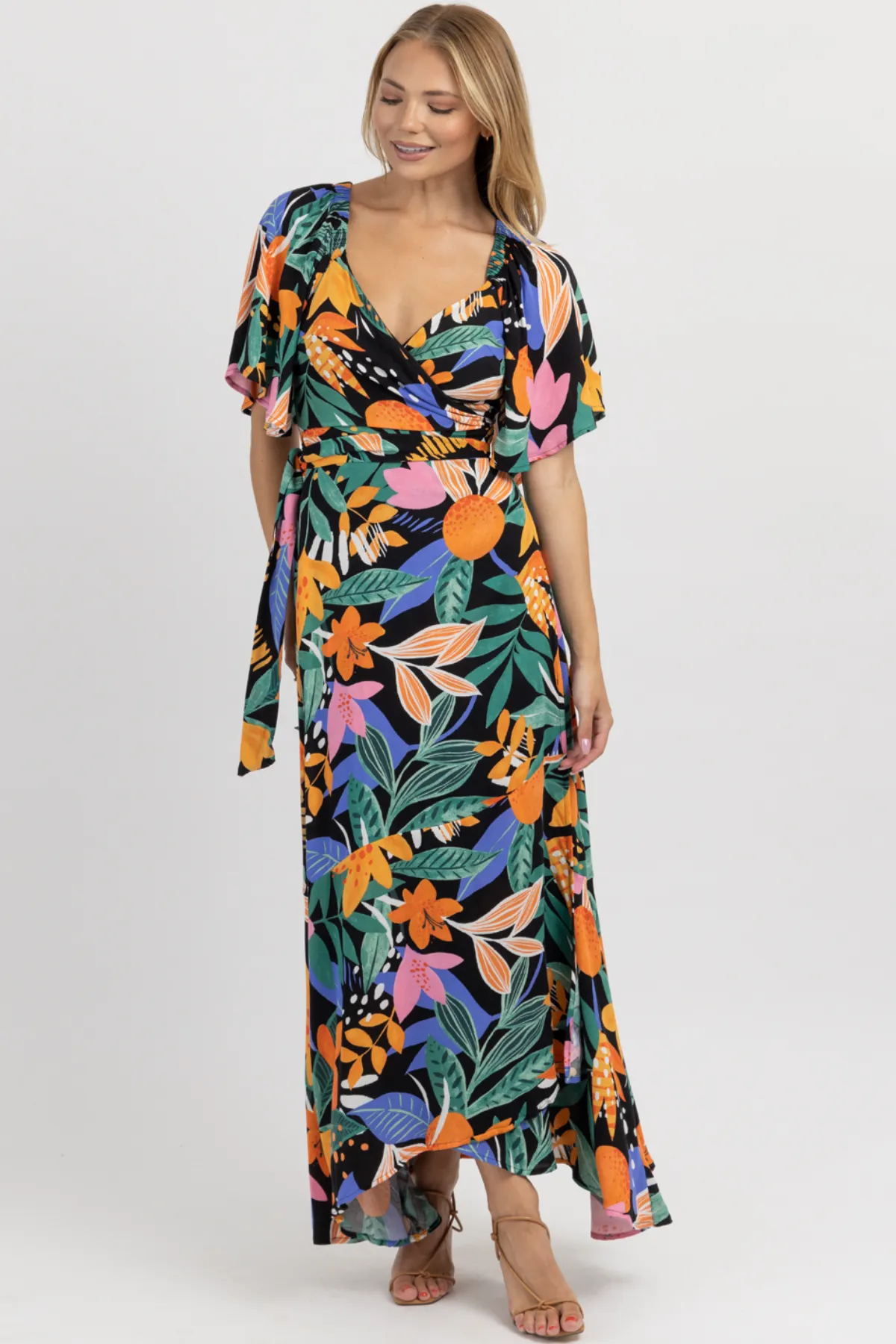 BORA BLACK   MULTIFLORAL WRAP MAXI DRESS