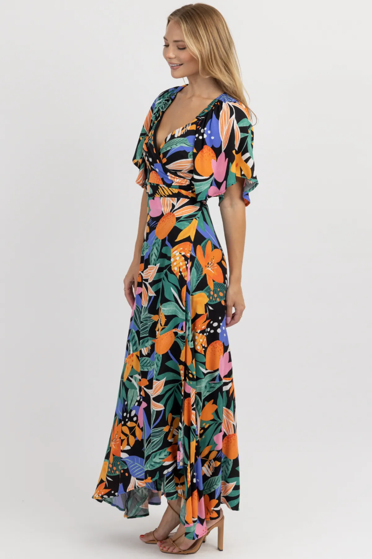 BORA BLACK   MULTIFLORAL WRAP MAXI DRESS