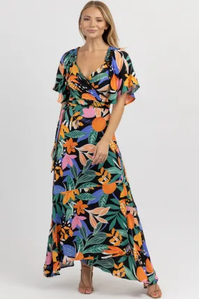 BORA BLACK   MULTIFLORAL WRAP MAXI DRESS