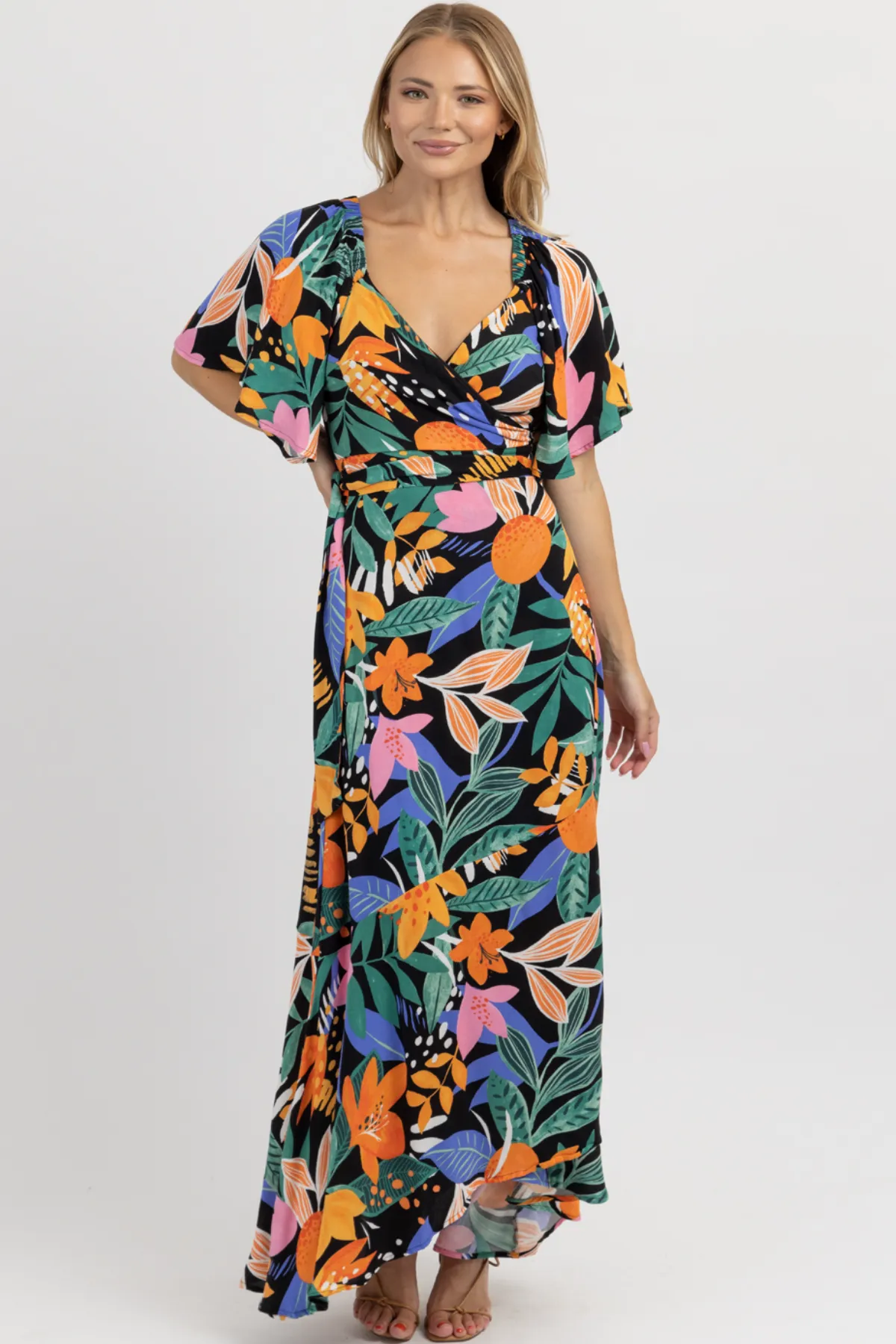 BORA BLACK   MULTIFLORAL WRAP MAXI DRESS