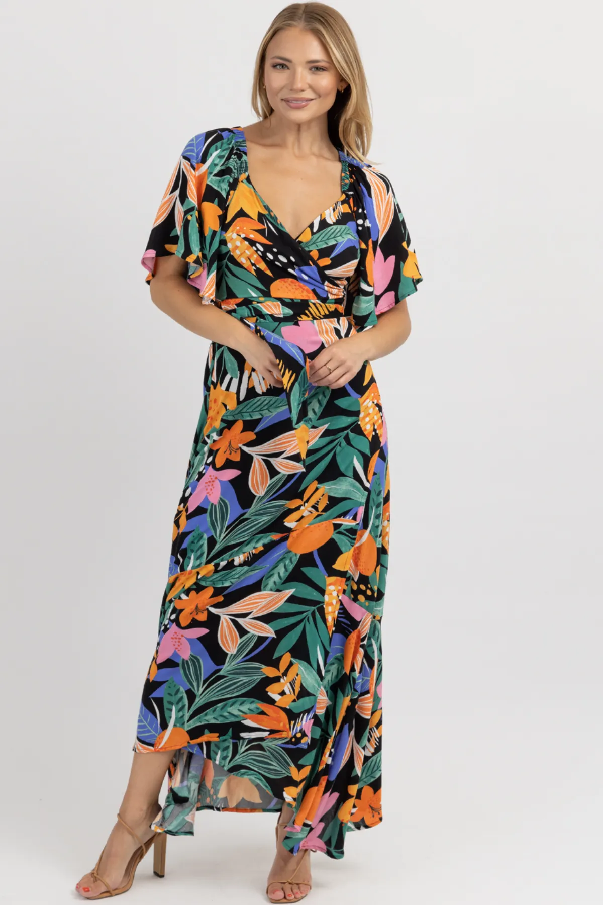 BORA BLACK   MULTIFLORAL WRAP MAXI DRESS