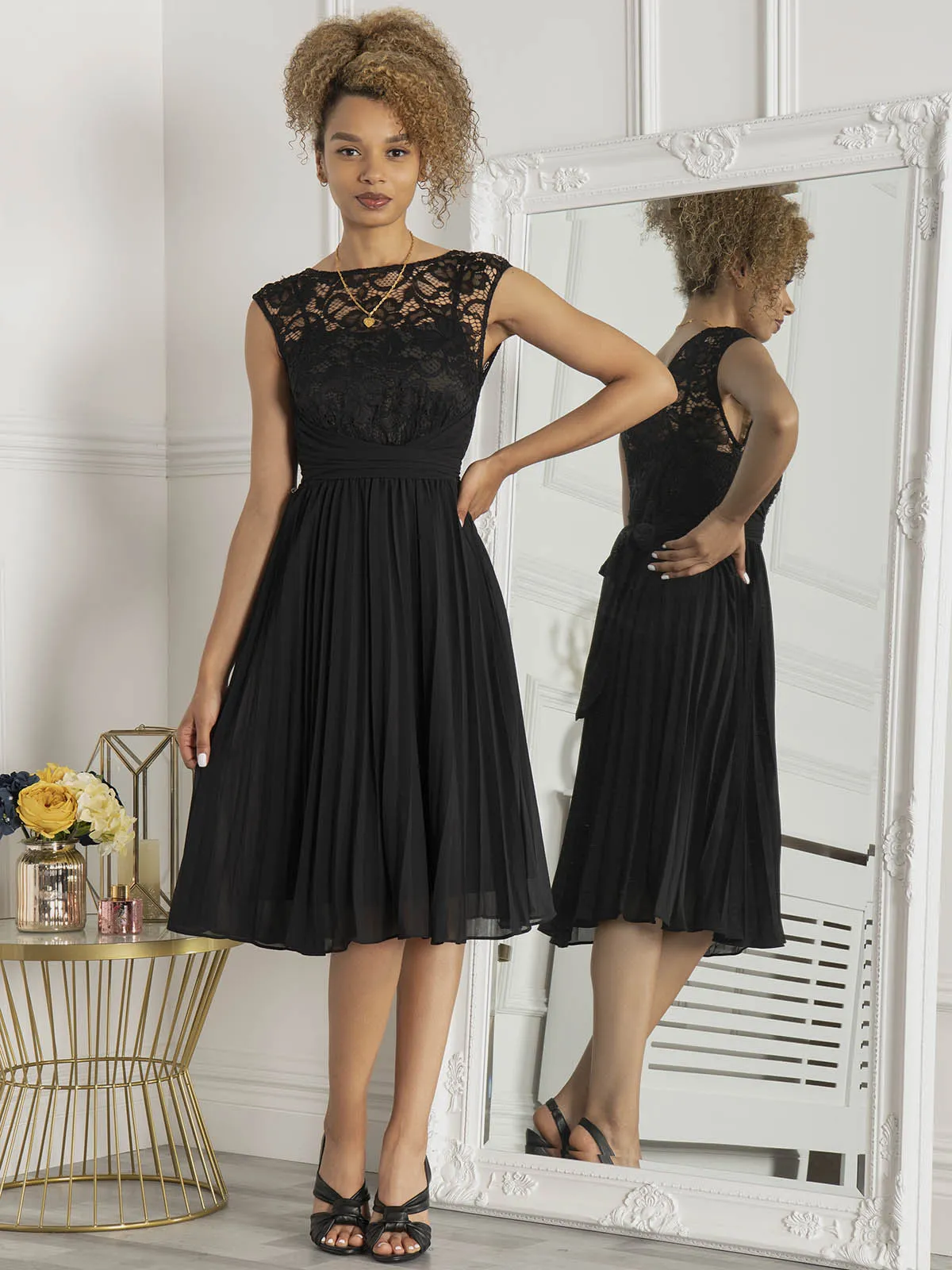 Cindy Lace Bodice Pleated Dress, Black