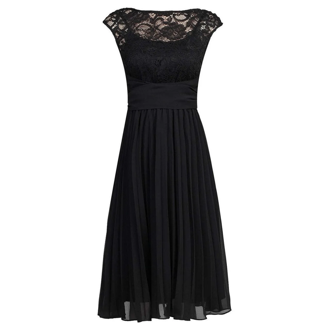 Cindy Lace Bodice Pleated Dress, Black